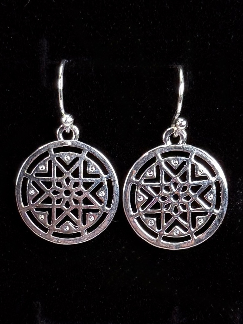 Vintage aged, silvertone Mandala pierced dangle earrings